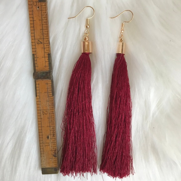Boho tassel fringe statement burgundy earrings NWT - Picture 2 of 3